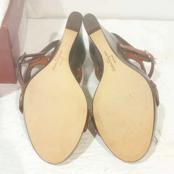 Salvatore Ferragamo Size 7C Brown Leather Wedge Strappy Sandal NEW